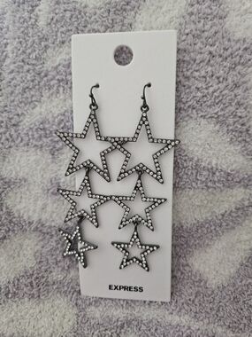 Express Gunmetal Star Drop Earrings with Clear Rhinestones